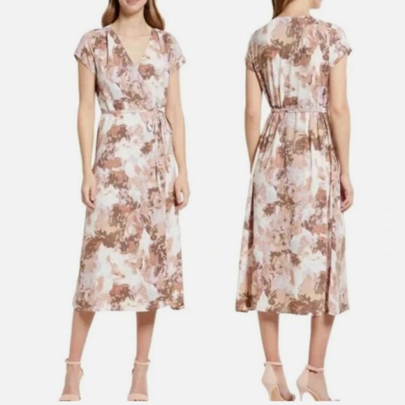 Halogen Short Sleeve Midi V-Neck Beige-Purple Wax Paint Wrap Dress XXL - Picture 2 of 16